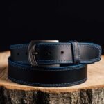 The Poseidon Belt - Black Full Grain Leather Belt with Blue Stitches - Image 2
