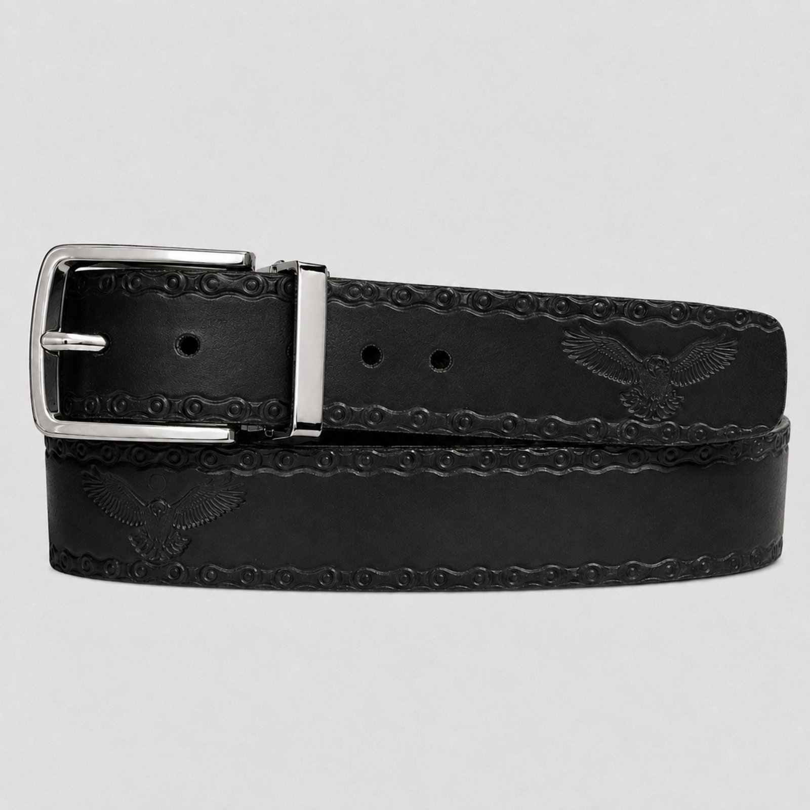 Untitled_design_-_2026-08-10T171718.026.jpg The Eagle Belt- Black Chain Link Embossed 100% Real Leather Belt - Image 1