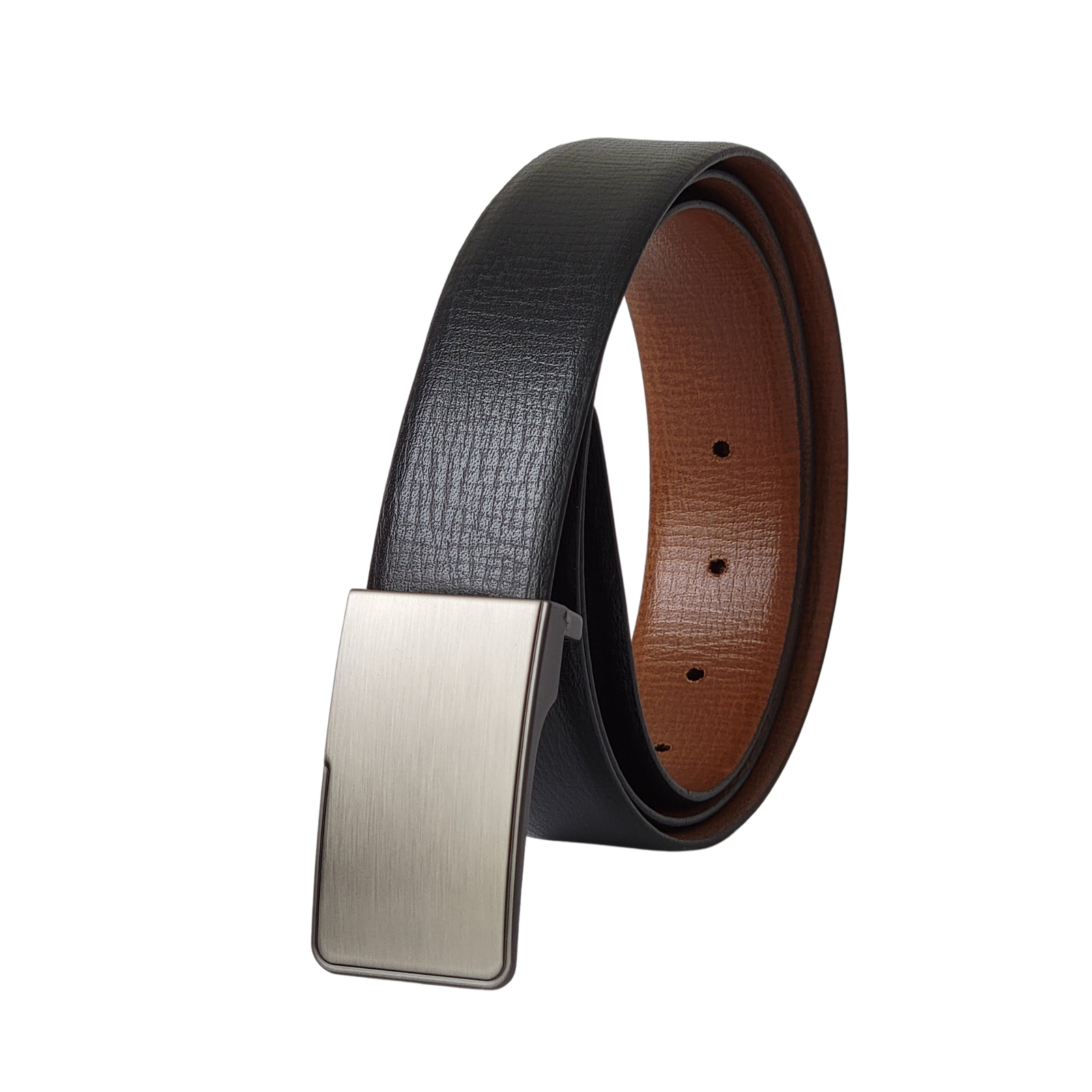 Untitleddesign_40.png Black 35 mm Leather Belt with Plain Silver Plate Buckle - Image 1