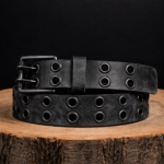 The Brixton Belt - Vintage Black Double Grommet 100 % Full Grain Leather Belt - Image 4